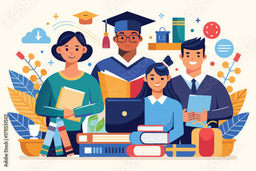 Students celebrate graduation with books and laptops in a colorful illustration