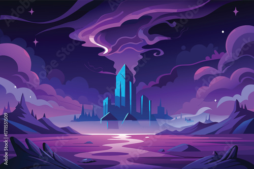 Colorful fantasy landscape with mystical castle under starry night sky