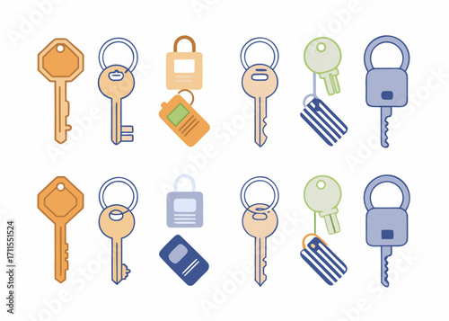 Collection of flat design keys and padlocks with keychains