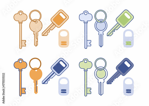 Set of colorful flat design keys and key tags for hotel or security