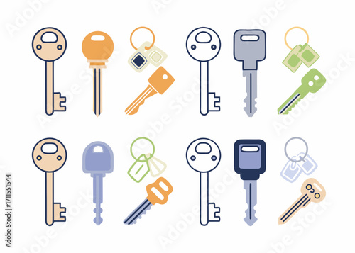 Collection of colorful flat design keys and keychains on a white background
