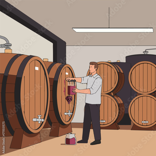 Man inspecting wine in a cellar filled with wooden barrels and fermentation tanks, cellar scene