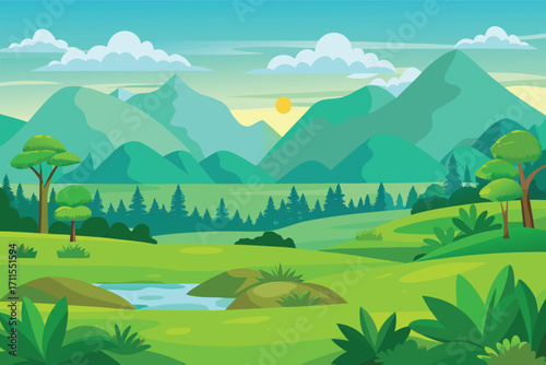 Lush green landscape with mountains, trees, and a stream during sunrise in a peaceful nature scene