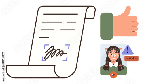 Document with verified signature, fake identity warning with a suspicious face, and thumbs-up approval. Ideal for security, fraud prevention, verification, authentication, trust, transparency rule