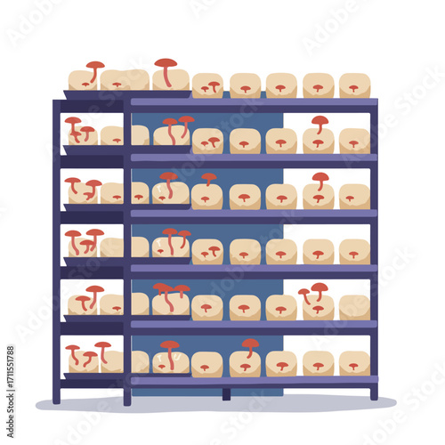 Illustration of a shelving unit filled with small, red-capped mushrooms in a growing environment