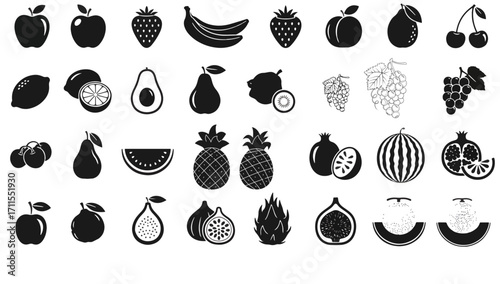 A visually appealing collection of diverse fruit icons and graphics, featuring fresh produce from apples to watermelons, perfect for various design applications