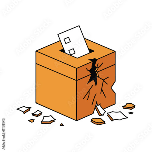 A broken, orange cube acts as a ballot box with a white piece of paper being inserted into it