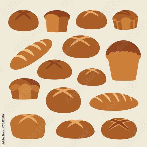 Vector graphic of an assortment of various types of breads and rolls on neutral field