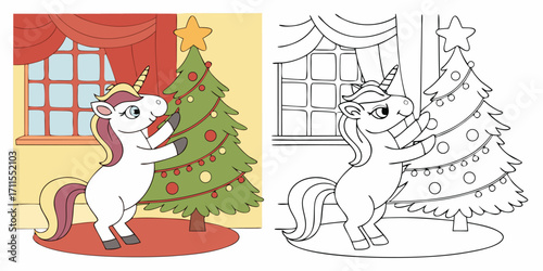 Cute cartoon dog and cat illustration on a sled with a snowman for a Christmas holiday coloring book or new year celebration