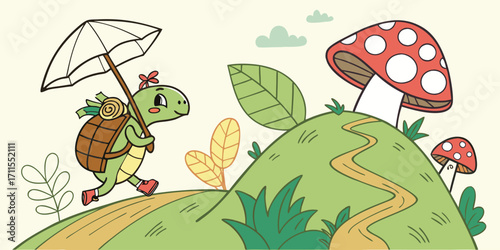 A vector illustration of cute cartoon animals like a snail and an ant with insects and flowers in nature