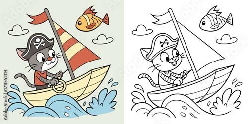 Vector cartoon illustration of a fun sailboat icon with a blue sail, fish, and bird on a white background