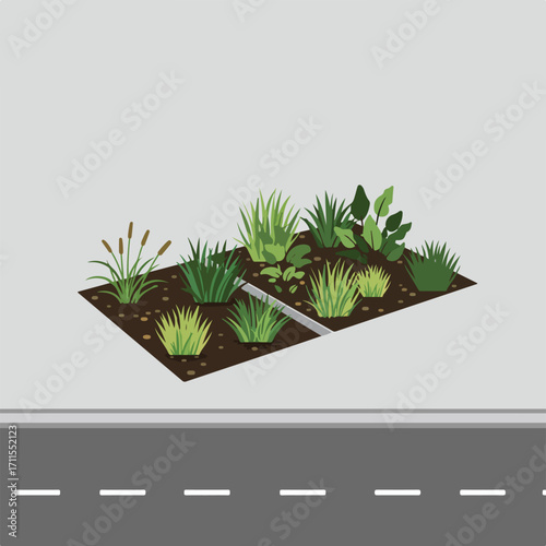 Roadside garden bed illustration with greenery and drain, viewed in isometric perspective