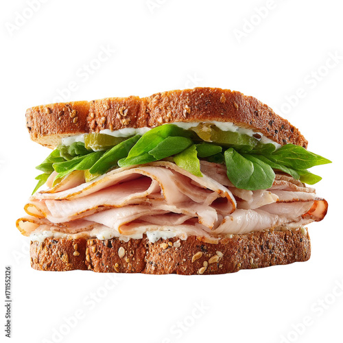 Delicious turkey sandwich with fresh ingredients on transparent background