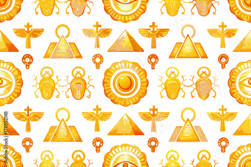 Seamless pattern of golden egyptian symbols and hieroglyphs