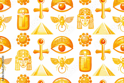 Seamless pattern of golden egyptian symbols and hieroglyphs