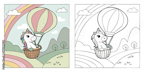Cute cartoon bunny with eggs and spring flowers in a basket for an Easter greeting card illustration