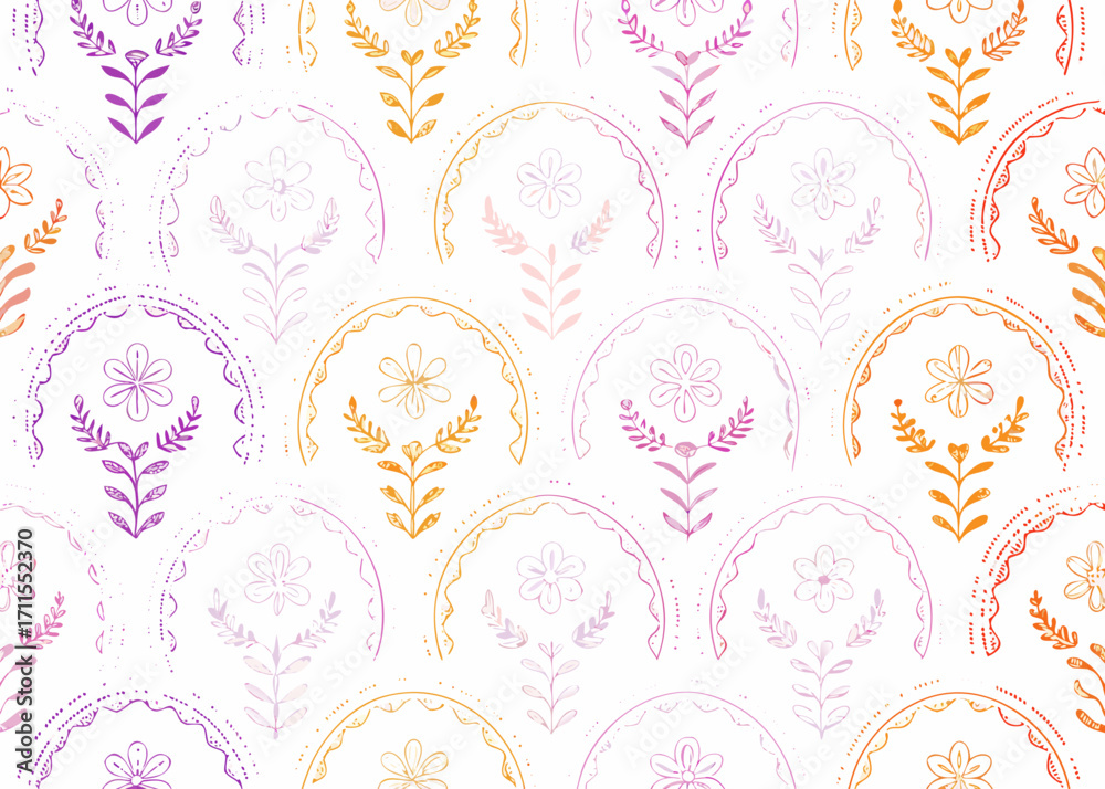 Fototapeta premium Seamless pattern of delicate watercolor flowers and arches in pastel hues