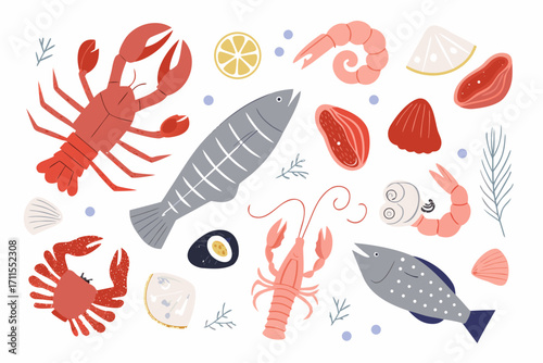 Assorted seafood and fish illustration with lemon and herbs