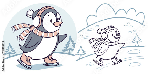 Cute cartoon penguins and a snowman illustration in a happy winter holiday vector design