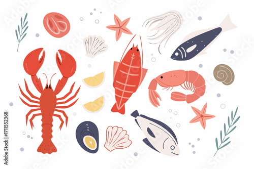 Assorted seafood and marine life flat illustration collection