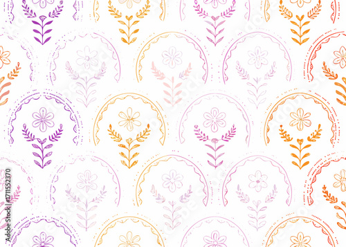 Seamless pattern of delicate watercolor flowers and arches in pastel hues