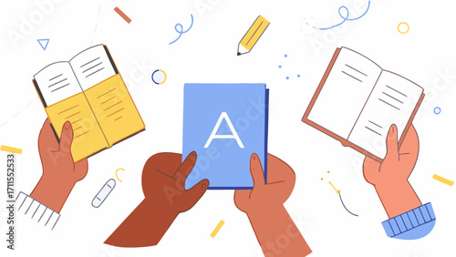 Hands holding books and alphabet card with educational elements