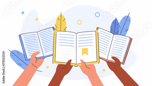Diverse hands holding open books with decorative feathers and stars