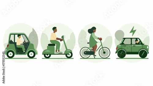 Diverse people using various green transportation options for eco friendly travel