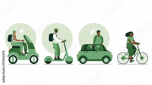 Diverse people using various green transportation options including electric scooter car and bicycle