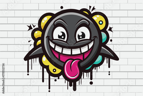 Colorful graffiti art featuring a cheerful monster with large eyes and a playful expression on a brick wall