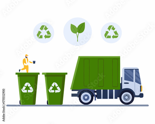 Worker collecting waste in green bins next to recycling truck and plant symbol