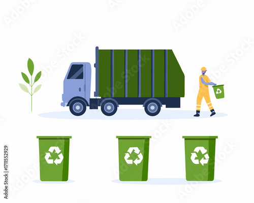 Sanitation worker collecting trash with garbage truck and recycling bins