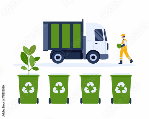 Recycling worker and truck with green recycling bins and plant