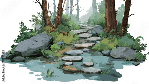 A digital illustration depicting a stone path winding through a forest. The path is composed of large, flat stones partially submerged in a shallow stream.  The stream is rendered with varying