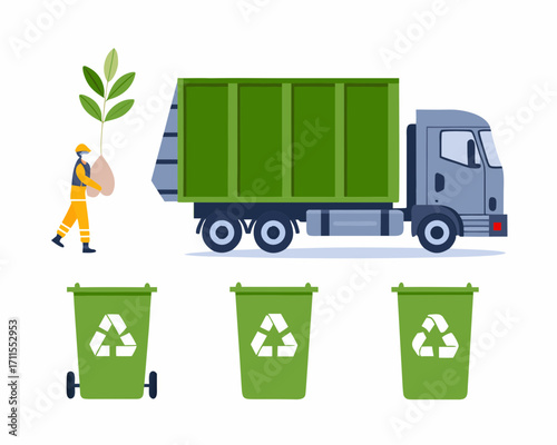Worker carrying plant towards garbage truck with recycling bins