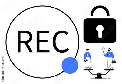 Large circle with REC, padlock for security, two individuals balancing scales with idea and work themes. Ideal for data privacy, creativity, balance, technology, teamwork, security communication