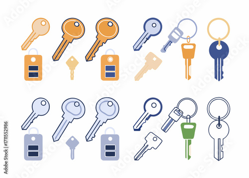 Collection of colorful flat design keys and keychains