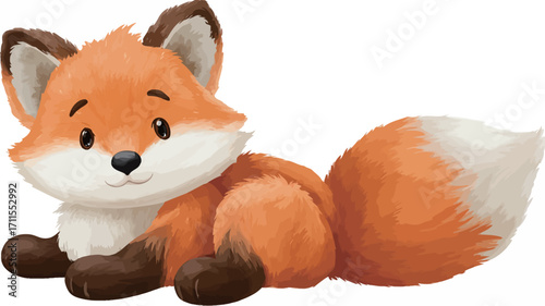 A digital illustration of a cartoon fox. The fox is depicted in a sitting position, facing slightly to the left. Its fur is primarily orange with brown ears and paws, and a white-tipped tail.