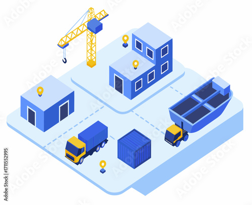 Isometric logistics and supply chain illustration with trucks crane cargo ship and buildings