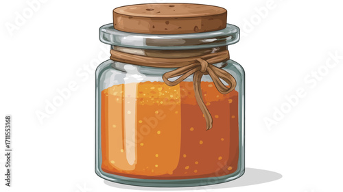 A digital illustration of a short, clear glass jar with a cork stopper. The jar contains an orange-colored powder or spice.  A piece of light brown twine is tied around the neck of the jar below