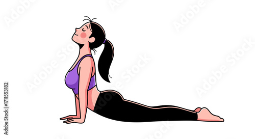 Cartoon woman in purple sports bra and black leggings doing yoga upward dog pose