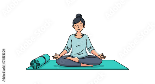 Woman meditating in lotus position on a yoga mat with rolled mat beside her