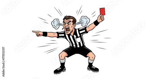 An angry referee holding a red card and pointing with steam coming from ears