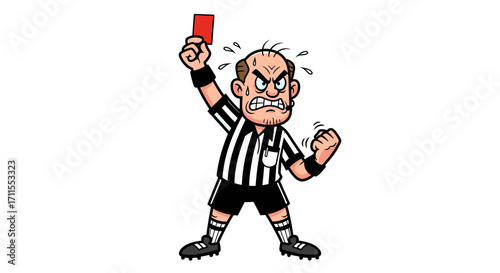 An angry cartoon referee holding up a red card with a furious expression on face