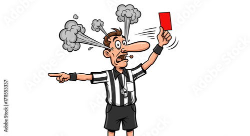 Cartoon referee with steam coming from his head holding up a red penalty card