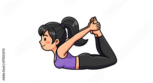 Illustration of a woman in a bow yoga pose with black hair and purple top attire
