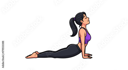 Illustration of a woman in upward facing dog yoga pose with ponytail and sportswear