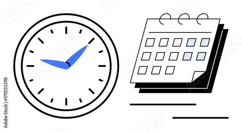 Analog clock with blue hands next to a spiral bound calendar with highlighted days. Ideal for time management, planning, organization, deadlines, productivity, appointments, workflow simplicity. A