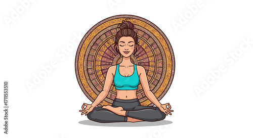 A woman in a lotus position with a mandala background in a cartoon illustration