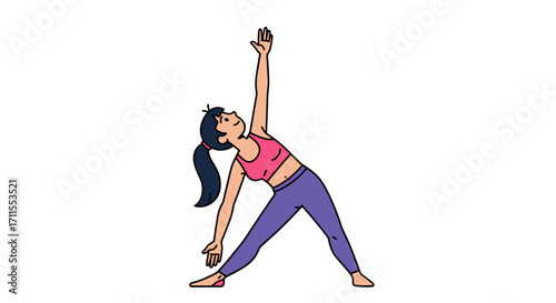 Illustration of a woman in triangle yoga pose with one arm extended upward